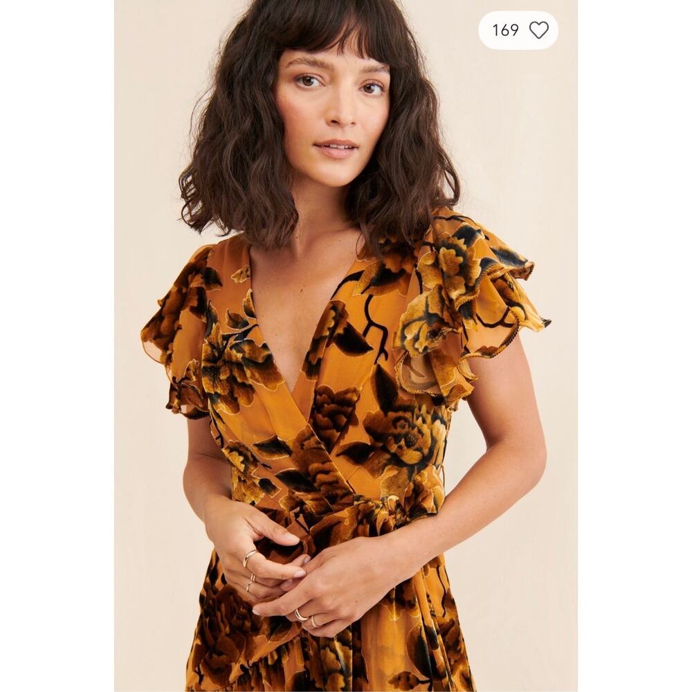 Hutch Zola Velvet Maxi Dress Gold Floral Burnout Wrap Romantic Anthropologie - Picture 7 of 14